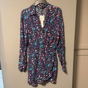 Brand New Zara Floral Mini Dress Collared‎ Long Sleeve Ruched Twist Front XS